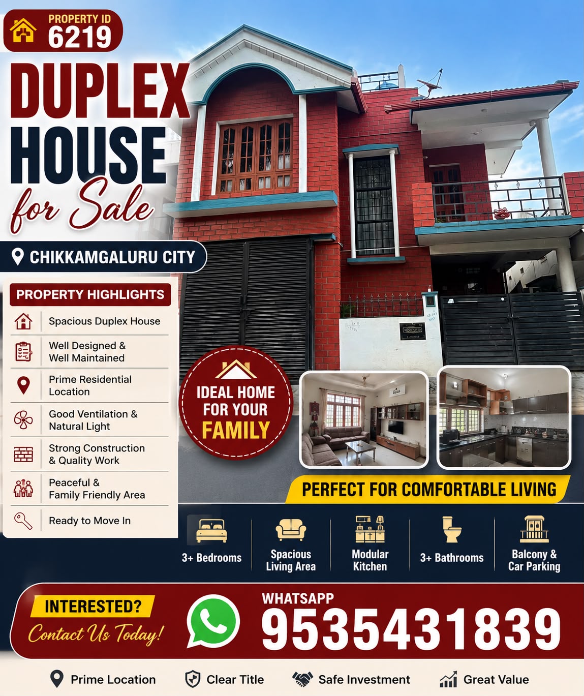 🆔 *PROPERTY ID – 6219* 🏡✨ *Premium Duplex House for Sale – Prime Residential Area Chikkamagaluru